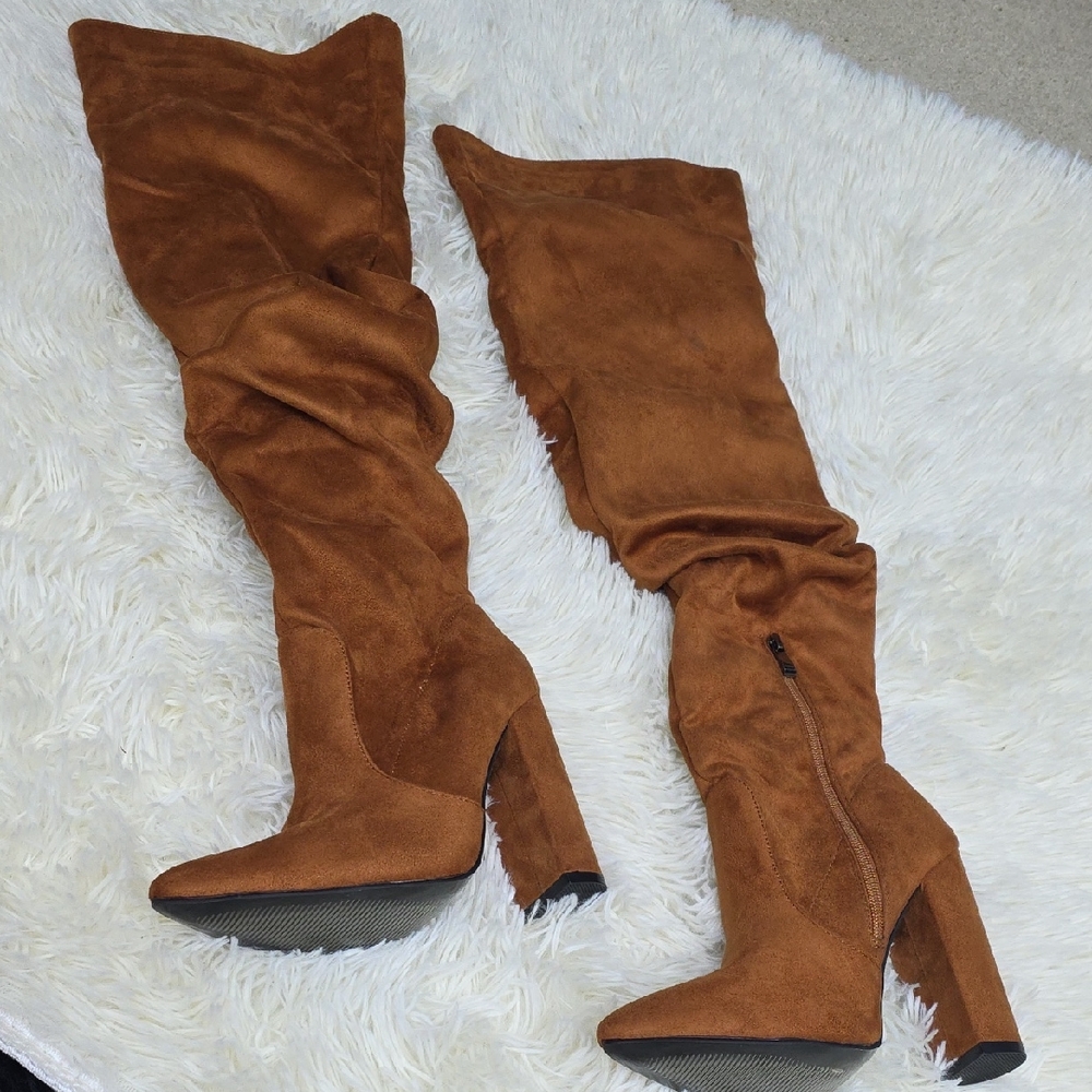 Brown Suede Knee-High Boots - Picture 1 of 14